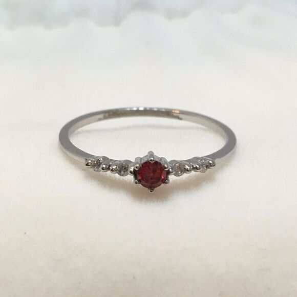 Sterling Silver Ring Size 7.75 925 Thin Band Red Cubic Zirconia CZ Dainty - Flaw - Picture 13 of 15